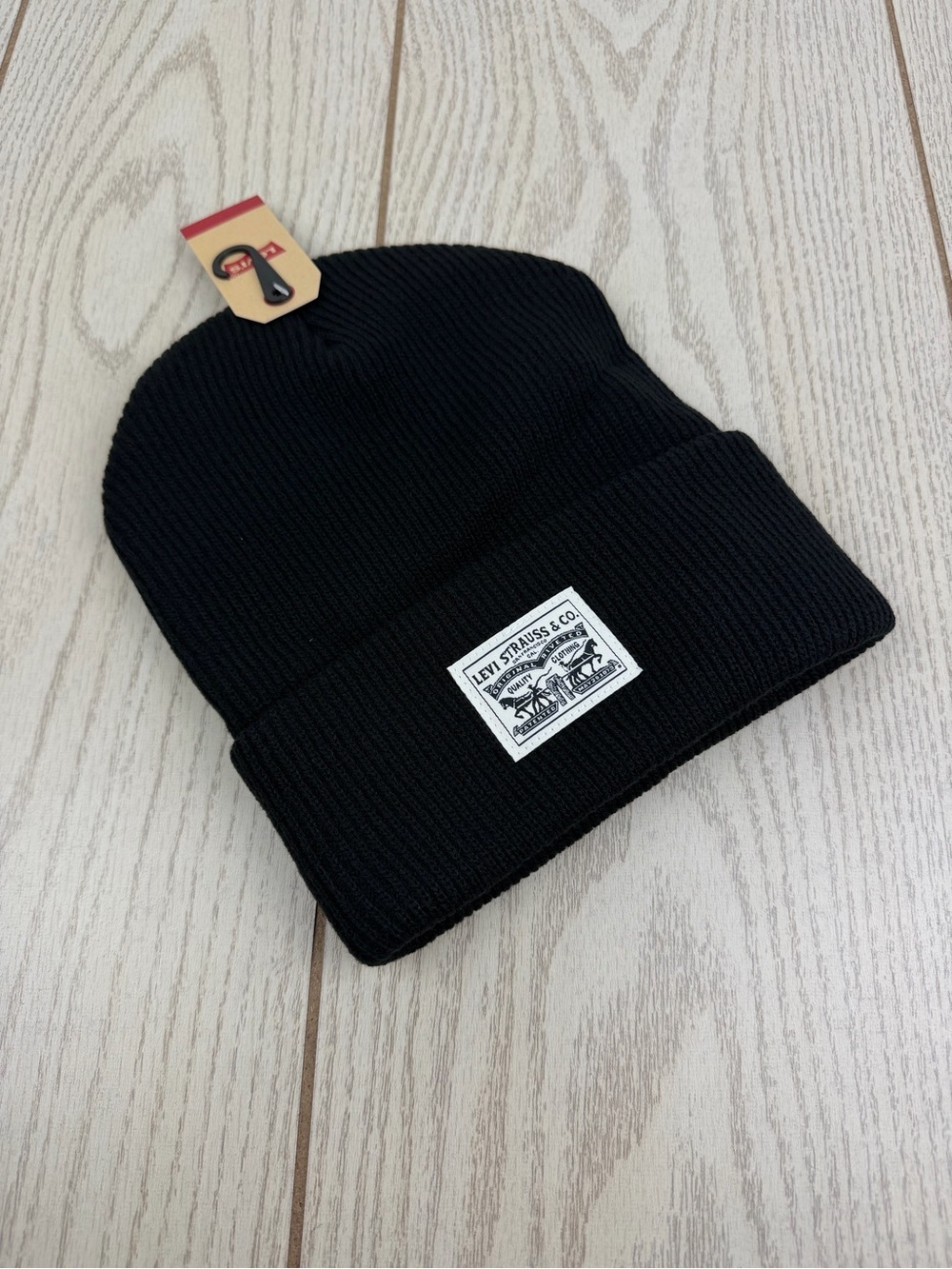Levi's Men's Cardigan Knit Beanie with Cream Logo Patch OS Black $30